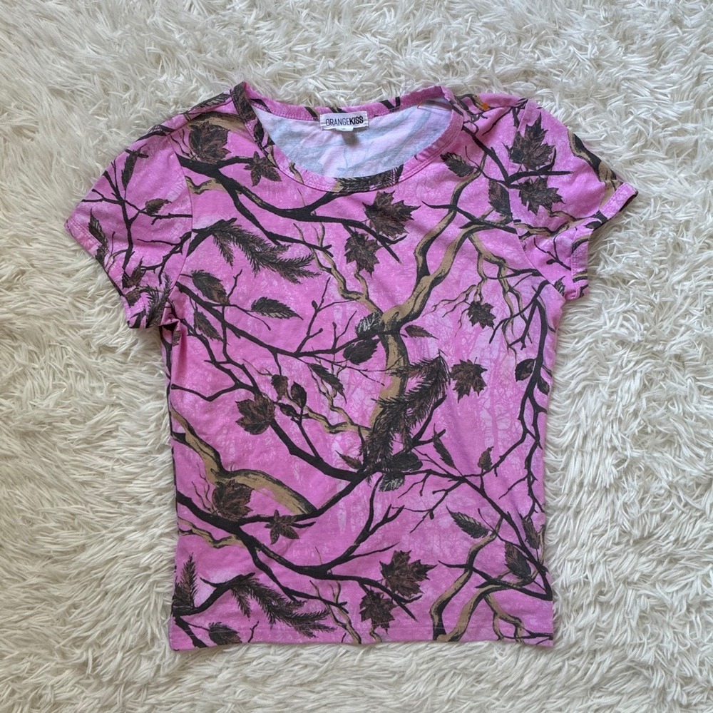 Orange Kiss Womens Pink Camo Tree Branch T-Shirt Crewneck Short Sleeve Large